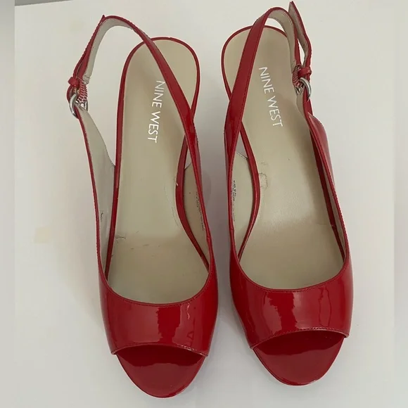 Nine West Glossy Red Peep-Toe Heels - Picture 1 of 6